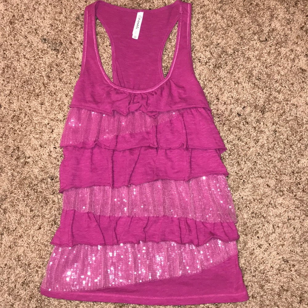 Magenta ruffle and sequence tank top